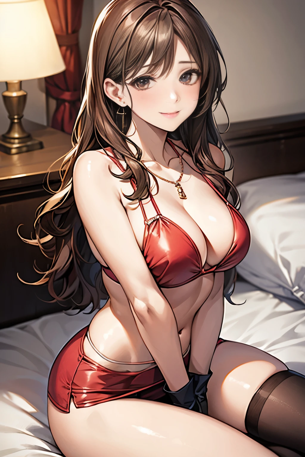 (??????)、Pencil Skirt、20-year-old girl, Medium sized ???????,, Swelling of the ?????、pinching the ????? with arms、Brown haired、Long Wavy Hair、Hotel Rooms, necklace、Earrings、Knee-high stockings、 ((Very detailed)), A shy smile、Kamimei、(Perfectly detailed face), (Handcrafted with attention to detail) Photorealistic images、The whole body is visible、Accentuate your ????、Lying in bed