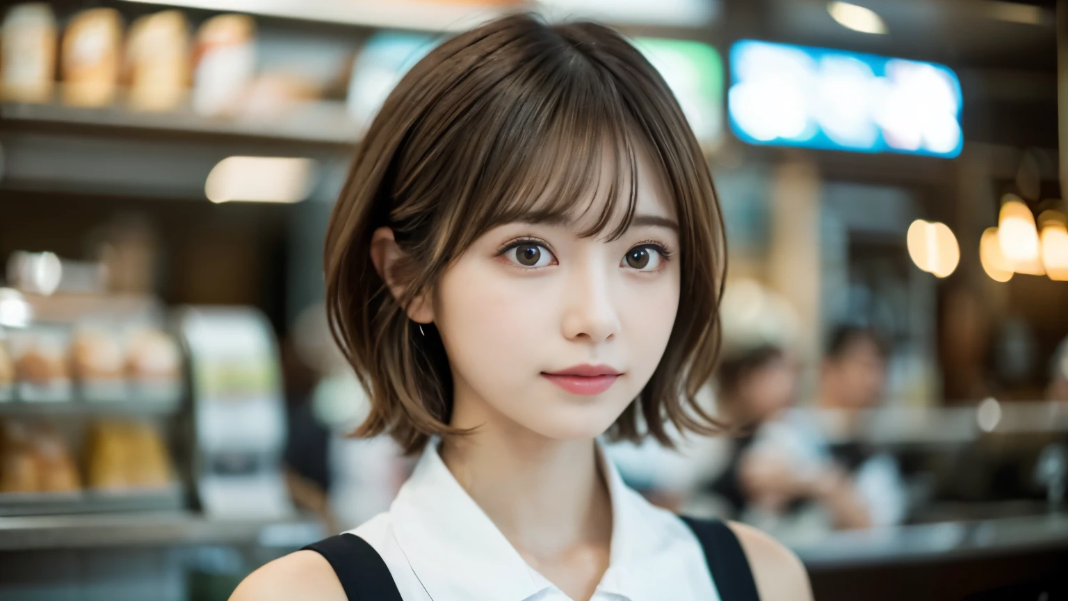 super high quality, Short Hair, Slender, Gravure photoshoot, The staff is working at the counter in the back., (8k、RAW Photos、highest quality、masterpiece:1.2), Japanese Idol, Shaggy, Sportswear, Stylish café, (Realistic、Photorealistic:1.37), Mesh Hair, Normal chest, Urban Cafe, Golden Ratio, Raw photo, Cute face , Light Brown Hair, Bright cafe interior, Blurred Background, Spring Clothes, A sweet expression, Watching the audience, Beautiful hairstyle, 20-year-old, Hair blowing in the wind, Neat clothes,