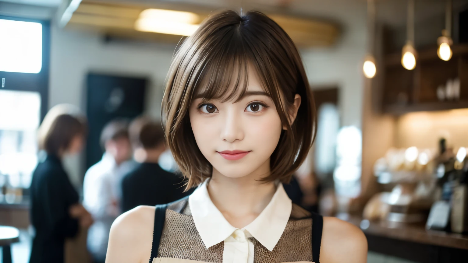 super high quality, Short Hair, Slender, Gravure photoshoot, The staff is working at the counter in the back., (8k、RAW Photos、highest quality、masterpiece:1.2), Japanese Idol, Shaggy, Sportswear, Stylish café, (Realistic、Photorealistic:1.37), Mesh Hair, Normal chest, Urban Cafe, Golden Ratio, Raw photo, Cute face , Light Brown Hair, Bright cafe interior, Blurred Background, Spring Clothes, A sweet expression, Watching the audience, Beautiful hairstyle, 20-year-old, Hair blowing in the wind, Neat clothes, 
