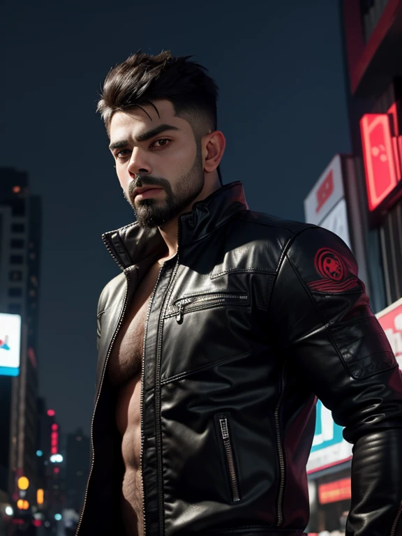 Best quality, masterpiece, ultra high res, (photorealistic:1.4), raw photo, handsome Virat Kohli, facial hair, cyberpunk night backdrop