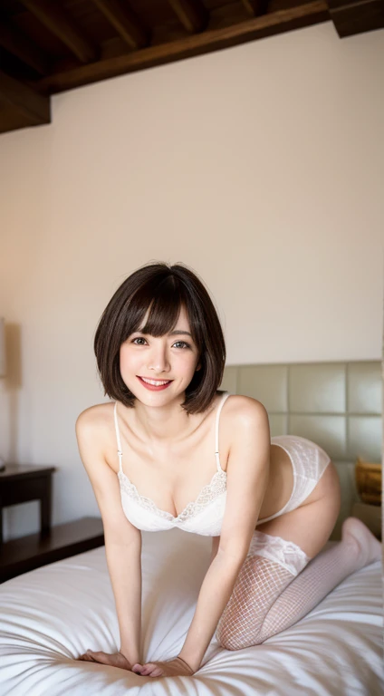 highest quality, masterpiece, High resolution, Photorealistic, 8k, perfection,Beautiful actress, 日本女性にしか見えないperfectionな女性, White lace underwear and fishnet stockings,bangs,topless, Light brown straight hair, Faint lips, (Place your arms between your legs), Full body portrait, 1 Female in her 20s, (20:1.2), 清楚でBeautiful actressの顔, pretty girl, Realistic body, ,On all fours、From the back、Very large breasts、Areola、The genitals are visible、The beauty of the abdominal muscles, Fair skin, Glowing Skin, Glamorous body, Long, slender legs, Handsome body, Feminine and mature French bob, Layered Cut, (鈍いbangs:1.2), A whole lot of smiles, Beautiful Teeth, Beautiful small face, Realistic Face,Full Body Shot, Mouth half open, lustful expression, Gazing at the viewer with a dreamy expression,At the bed