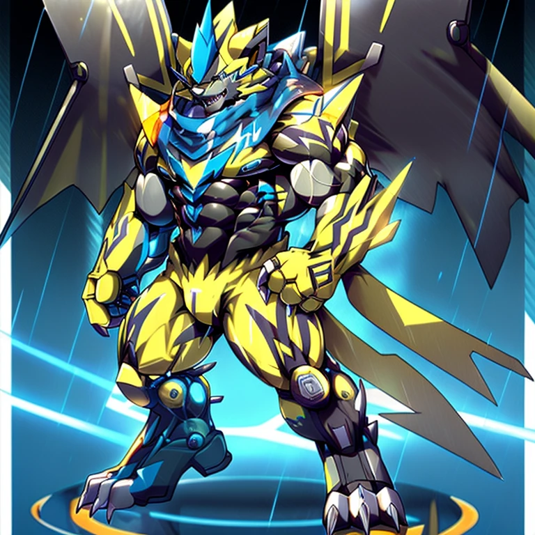 (masterpiece, best quality, detailed:1.2) (Pokémon) detailed full body, Zeraora's giant robot. Gigantic ZERAORA, GIANT. Protecting Zeraora's design and color scheme. scarf, A Zeraora at the bodybuilding competition, thunderstorm, rainy weather, lightning wears a black cloak on his back. Muscles are expanding. It has wings. whole body shines like metal. Wearing cyberpunk mecha, emphasizes the muscles. He wears the same armor as himself from head to foot. (emphasizes the muscles.) suit fully made of metal, intricate armor, Robotic suit, suit fully made of metal, cyborg, big muscle. pecs, triceps, body full of huge muscles. unusually developed muscular body, A Zeraora at the bodybuilding competition, massive, huge muscular bodybuilder with extraordinary biceps, pecs, triceps, traps, gigachad, 300 lbs. The claws are sharp, Sharp teeth, with huge golden laser sword, It's big inside my panties