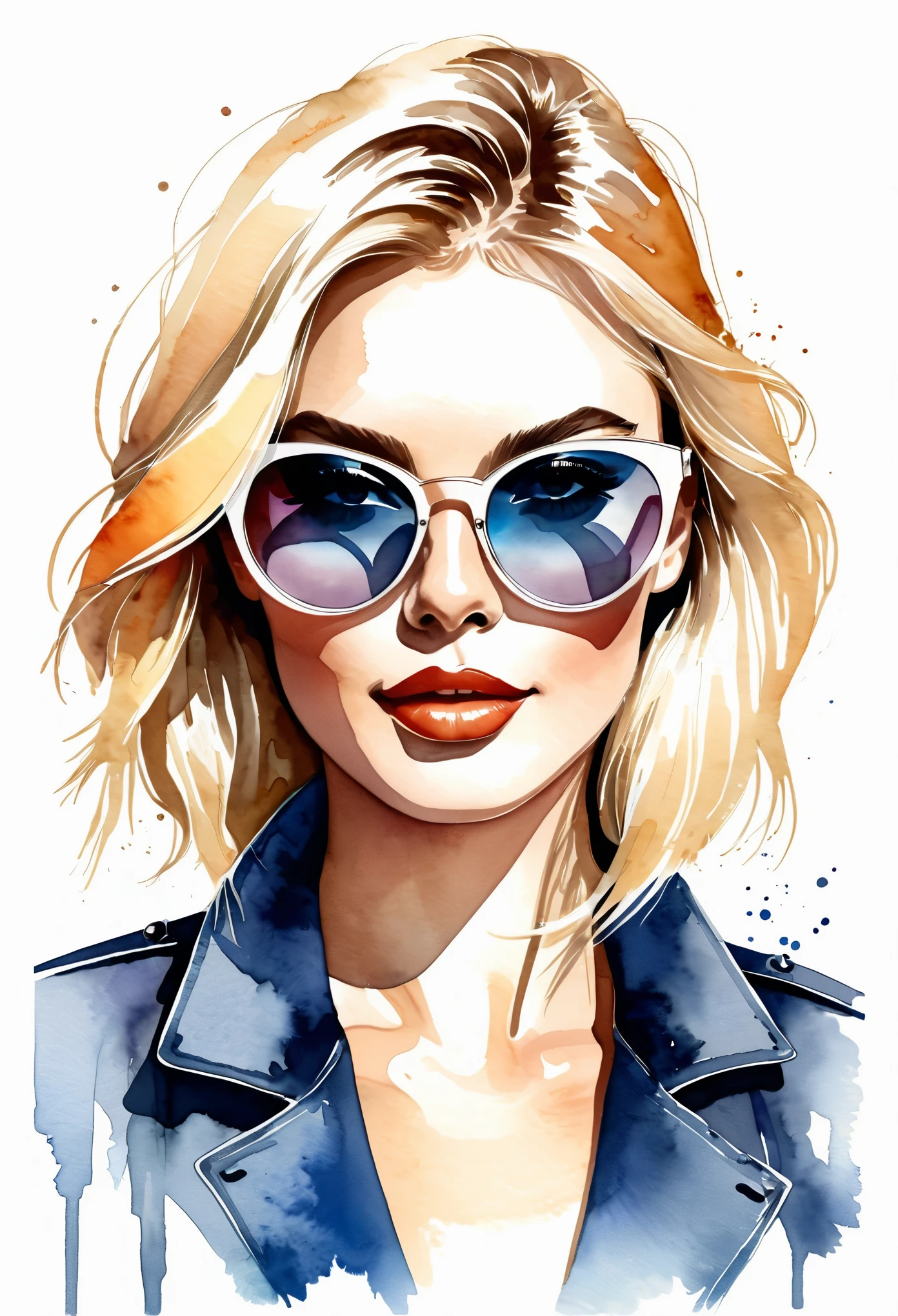 Watercolor, vector style illustration of a fashionable blonde girl, wearing cat eye sunglasses, White background. Isolated subject