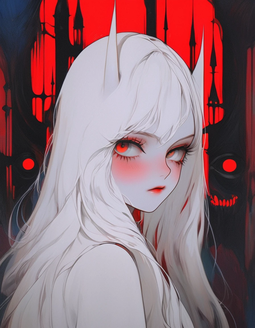 ((Masterpiece: 1.4, Best Quality))+,(Ultra Detail)+, Official Art, Unity 8k Wallpaper, Ultra Detailed, Beautiful, High Quality, Beautiful, Masterpiece, Best Quality, portrait , White Background, silver Straight Hair, Gloomy Eyes, Be, White Theme, fangs ,vampire, red eyes, cat ears