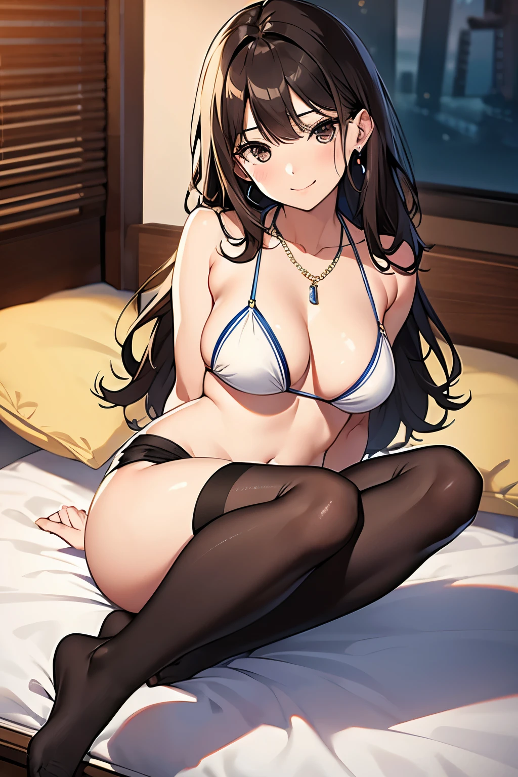(bikini)、Pencil Skirt、20-year-old girl, Medium sized breasts,, Swelling of the chest、pinching the chest with arms、Brown haired、Long Wavy Hair、Hotel Rooms, necklace、Earrings、Knee-high stockings、 ((Very detailed)), A shy smile、Kamimei、(Perfectly detailed face), (Handcrafted with attention to detail) Photorealistic images、The whole body is visible、Accentuate your butt、Lying in bed