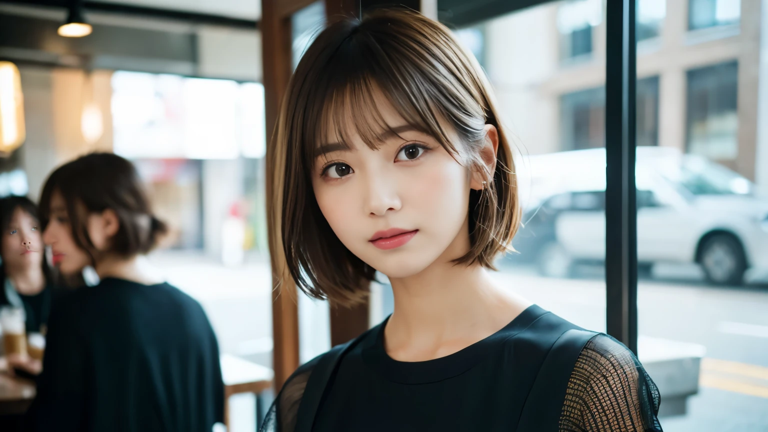 super high quality, Short Hair, Slender, Gravure photoshoot, The staff is working at the counter in the back., (8k、RAW Photos、highest quality、masterpiece:1.2), Japanese Idol, Shaggy, Sportswear, Stylish café, (Realistic、Photorealistic:1.37), Mesh Hair, Normal chest, Urban Cafe, Golden Ratio, Raw photo, Cute face , Light Brown Hair, Bright cafe interior, Blurred Background, Spring Clothes, A sweet expression, Watching the audience, Beautiful hairstyle, 20-year-old, Hair blowing in the wind, Neat clothes,