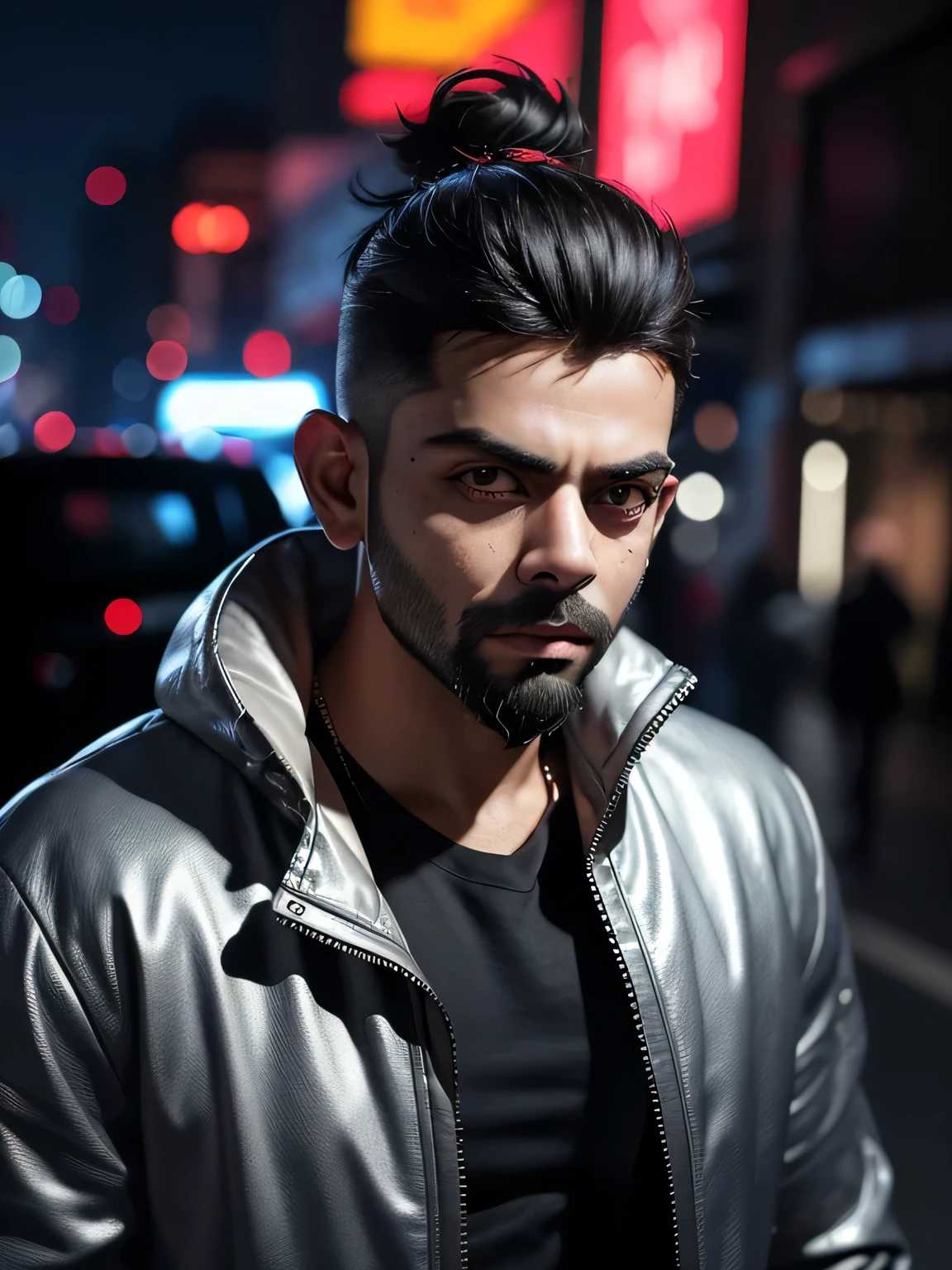 Best quality, masterpiece, ultra high res, (photorealistic:1.4), raw photo, handsome Virat Kohli, facial hair, cyberpunk night backdrop