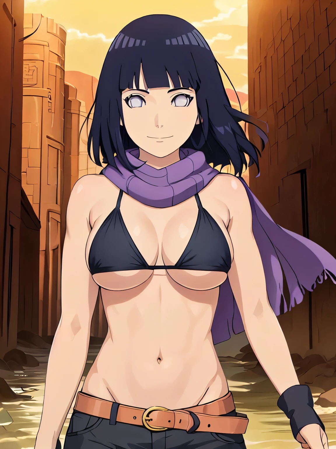(hinata\(boruto\), (high quality, anime, heroine, gorgeous smile, slim body), ((black cotton bikini top)), ((fingerless gloves, black shorts with belt, black scarf)), (looking at the camera, curvy body, (very slim belly), extremely slim waist, off-shoulders, (medium-big breasts, visible under boobs), slim arms, little biceps, groin lines, little biceps, smile with closed mouth), (posing in photoshoot), pale skin, ((floating hair, dark blue, long hair, hime cut، loose hair), (location: desert with buildings)