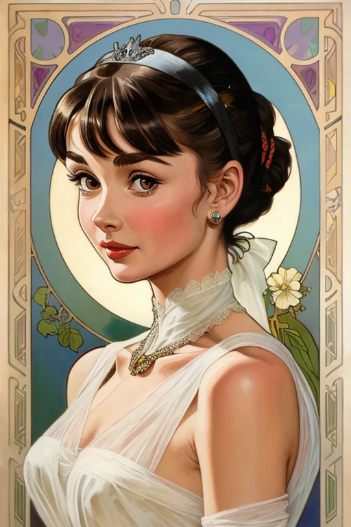 conceptual painting of Audrey Hepburn in the style of Alphonse Mucha