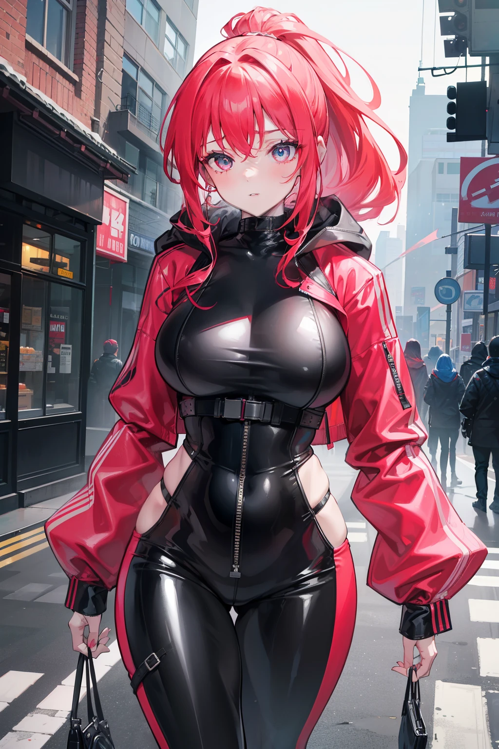 A breathtaking digital art piece showcases a redheaded woman with a scared and embarrassed expression, her bright and intricately detailed eyes contrasting with her rosy cheeks. Her hair is gathered in a tight ponytail, and her full lips are painted a vibrant red. Her chiseled physique and wide hips are accentuated by the tight-fitting black leather jumpsuit she wears, its shiny surface reflecting the realistic textures and details. A windbreaker, with a hood and a neon pink interior, covers her shoulders, adding a pop of color to the image.
Walking down a bustling, meticulously detailed urban street, she attracts curious glances from onlook