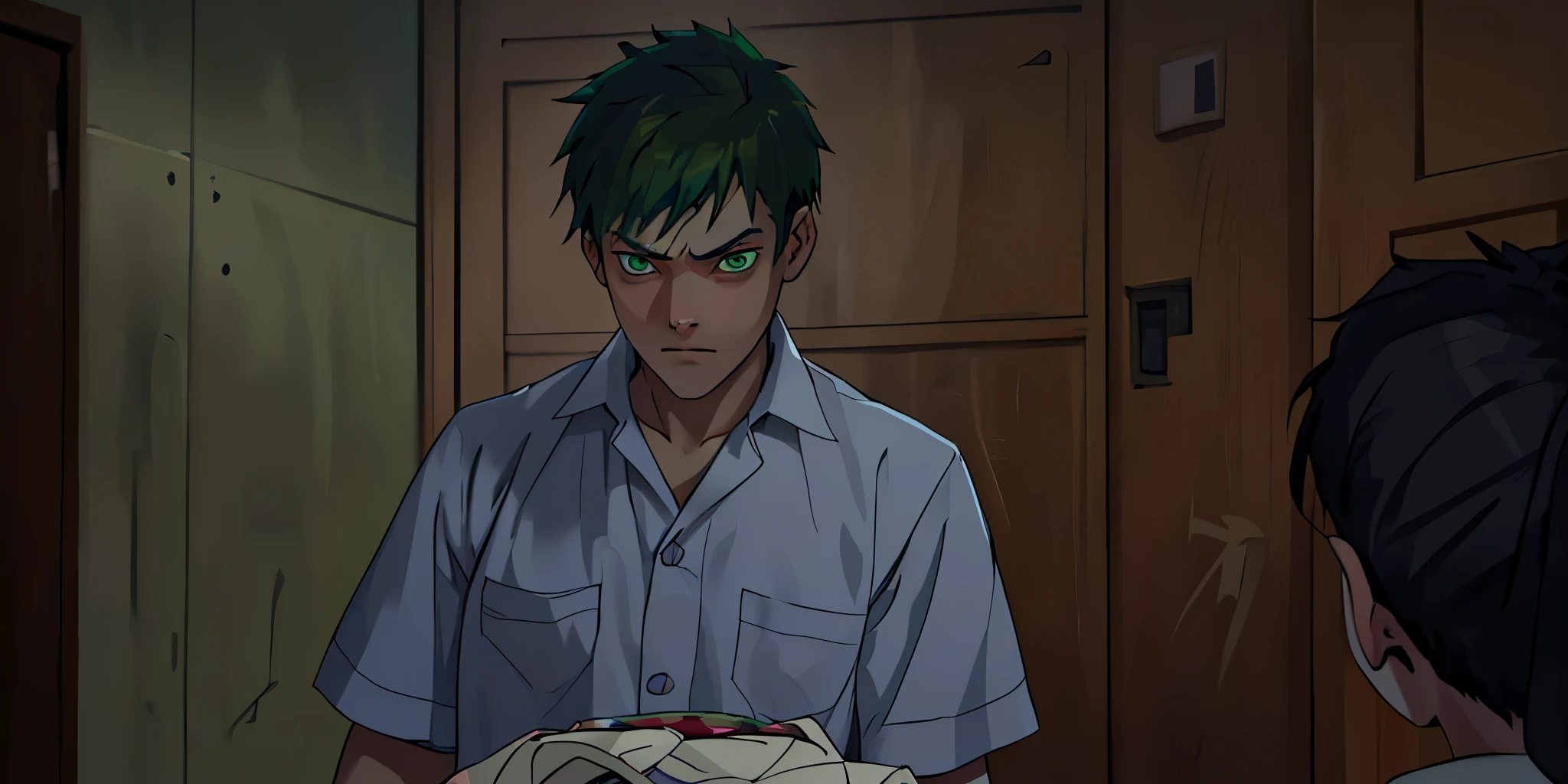 There is a 16-year-old boy with green hair, green eyes, intimidated with fear, he speaks nervously with his gaze downcast, he looks at the floor with sadness and fear.