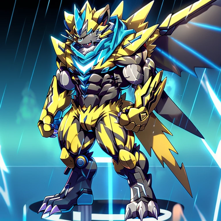(masterpiece, best quality, detailed:1.2) (Pokémon) detailed full body, Zeraora's giant robot. Gigantic ZERAORA, GIANT. Protecting Zeraora's design and color scheme. scarf, A Zeraora at the bodybuilding competition, thunderstorm, rainy weather, lightning wears a black cloak on his back. Muscles are expanding. It has wings. whole body shines like metal. Wearing cyberpunk mecha, emphasizes the muscles. He wears the same armor as himself from head to foot. (emphasizes the muscles.) suit fully made of metal, intricate armor, Robotic suit, suit fully made of metal, cyborg, big muscle. pecs, triceps, body full of huge muscles. unusually developed muscular body, A Zeraora at the bodybuilding competition, massive, huge muscular bodybuilder with extraordinary biceps, pecs, triceps, traps, gigachad, 300 lbs. The claws are sharp, Sharp teeth, with huge golden laser sword, It's big inside my panties