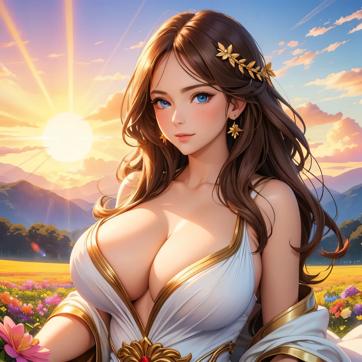 Best quality, 30 year old woman, massive , brown long hair, blue eyes, skimpy robes, t, upper body, sexy, angeligolden glow, opulent, luxurious, god rays, fluffy clouds, colourful flower field,