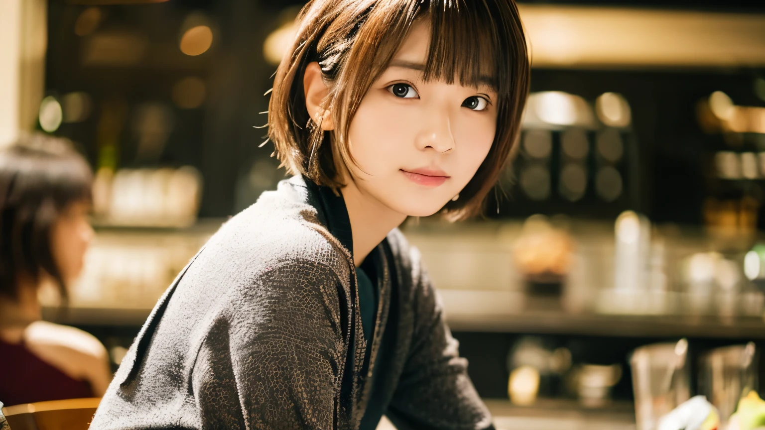 super high quality, Short Hair, Slender, Gravure photoshoot, The staff is working at the counter in the back., (8k、RAW Photos、highest quality、masterpiece:1.2), Japanese Idol, Shaggy, Sportswear, Stylish café, (Realistic、Photorealistic:1.37), Mesh Hair, Normal chest, Urban Cafe, Golden Ratio, Raw photo, Cute face , Light Brown Hair, Bright cafe interior, Blurred Background, Spring Clothes, A sweet expression, Watching the audience, Beautiful hairstyle, 20-year-old, Hair blowing in the wind, Neat clothes, 
