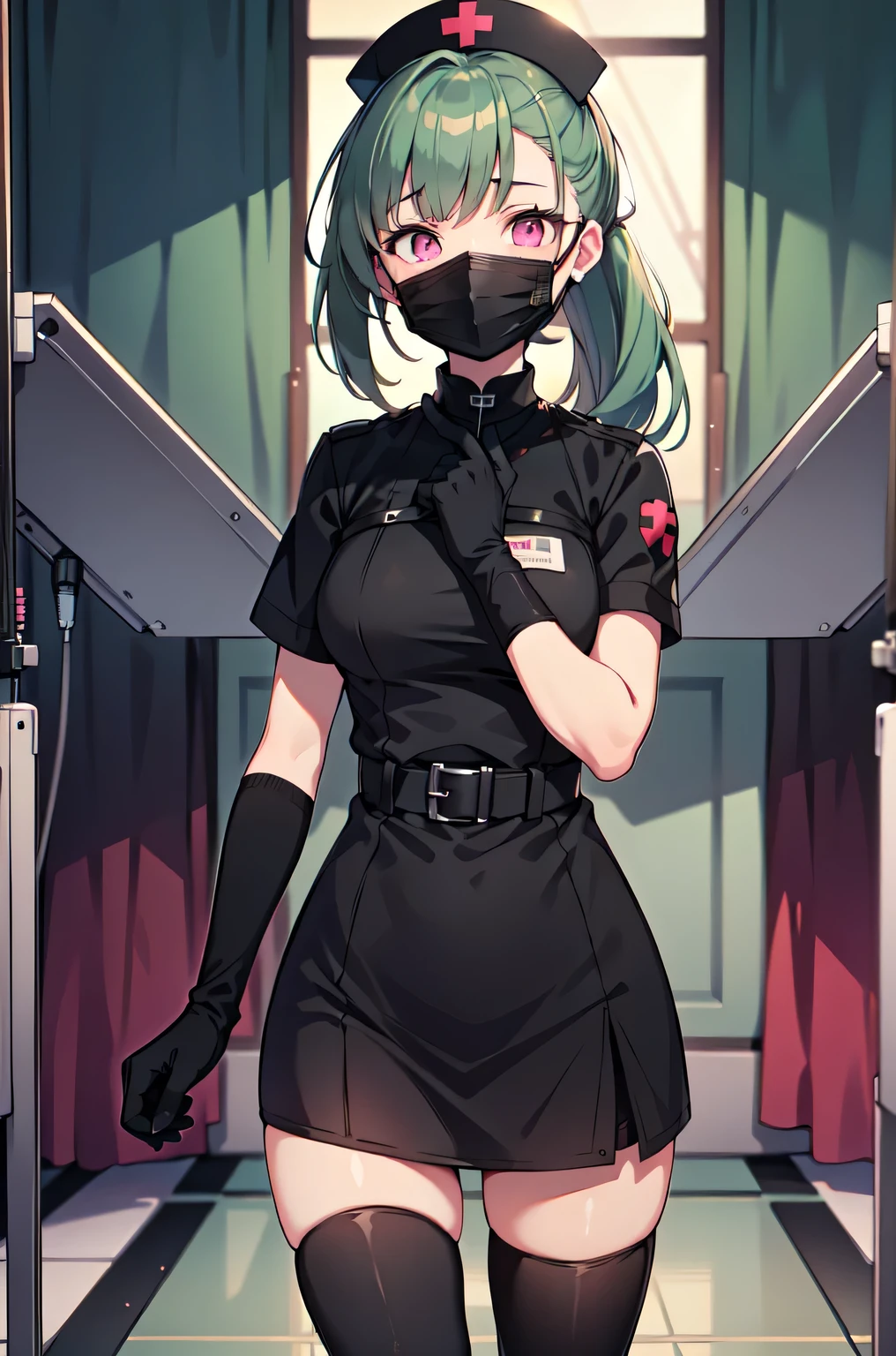 black nurse, 1girl, solo, black nurse cap, black nurse uniform, ((black legwear, zettai ryouiki)), black elbow gloves, ponytail, green hair, pink eyes, ((black surgical mask, covered nose)), standing, ((surgery room)), sharp outline, short sleeves, best quality, masterpiece
