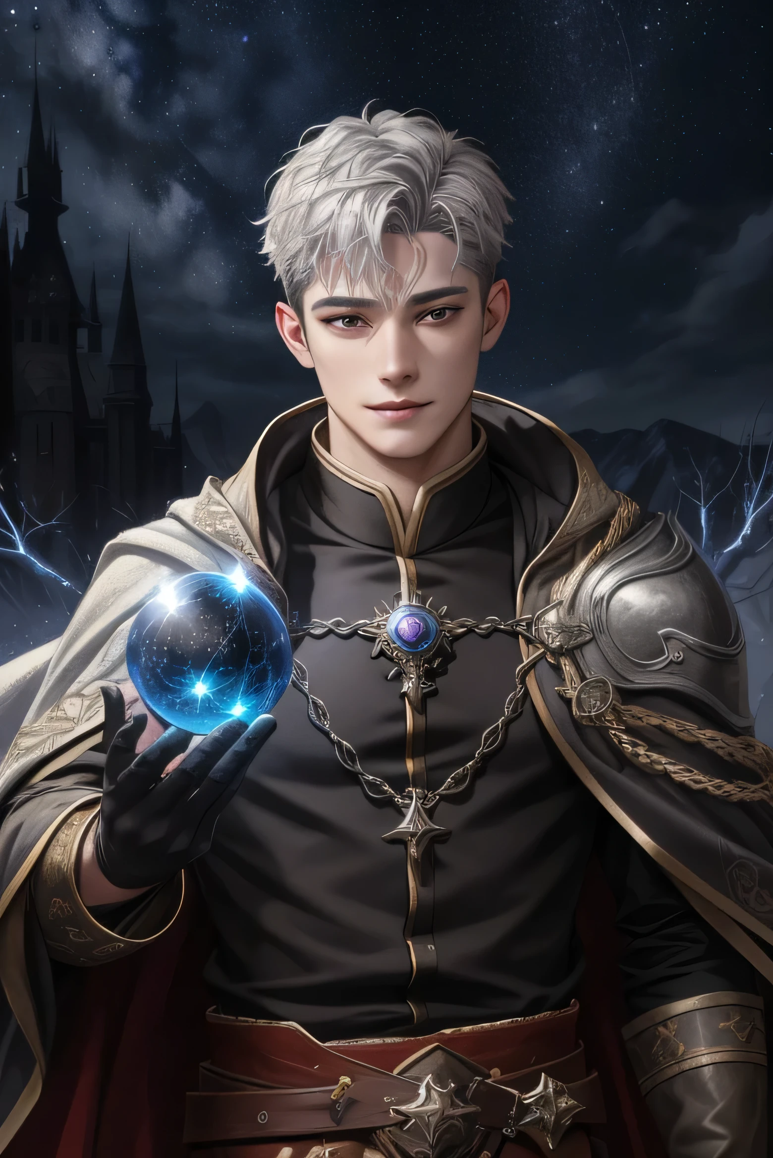 (Absurdres, Intricate Details, Masterpiece, Best Quality, High Resolution, 8k), 1 male, masculine, young, aged up, dreadful, finely detailed eyes and face, gray short back and sides hair, black eyes, portrait, looking at viewer, solo, (full body:0.6), detailed background, (RootsBranchesAI theme:1.1) glowing eyes, gentle smile, high fantasy, cleric, casting healing spell, hovering in air, night sky, color cape, gloves, magic sphere, divine spell, mana, night sky, star and night sky background, tiara of light hovering above head, , Depth of Field, VFX.