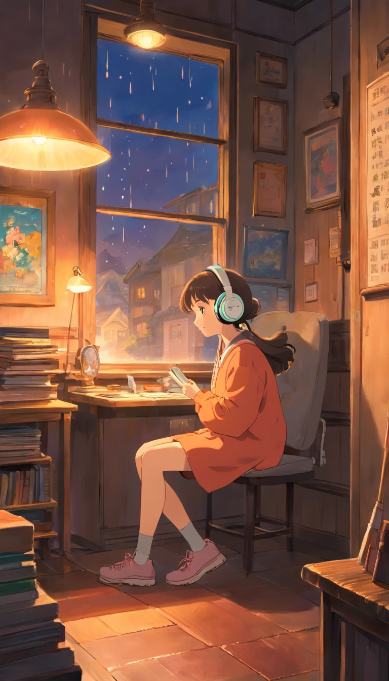 masterpiece, highest quality, Movie stills, chili, Warm and soft lighting in the middle of the night, Late Night、Old Scandinavian Room、Large windows、It's raining outside、Painting、(High school girl wearing headphones:1.3)、sitting on a chair listening to music、profile