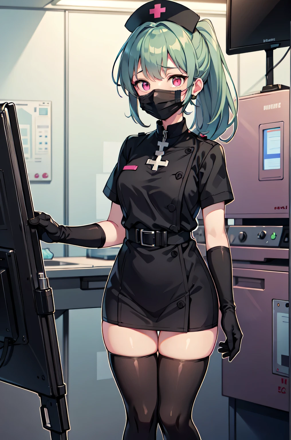 black nurse, 1girl, solo, black nurse cap, black nurse uniform, ((black legwear, zettai ryouiki)), black elbow gloves, ponytail, green hair, pink eyes, ((black surgical mask, covered nose)), standing, ((surgery room)), sharp outline, short sleeves, best quality, masterpiece