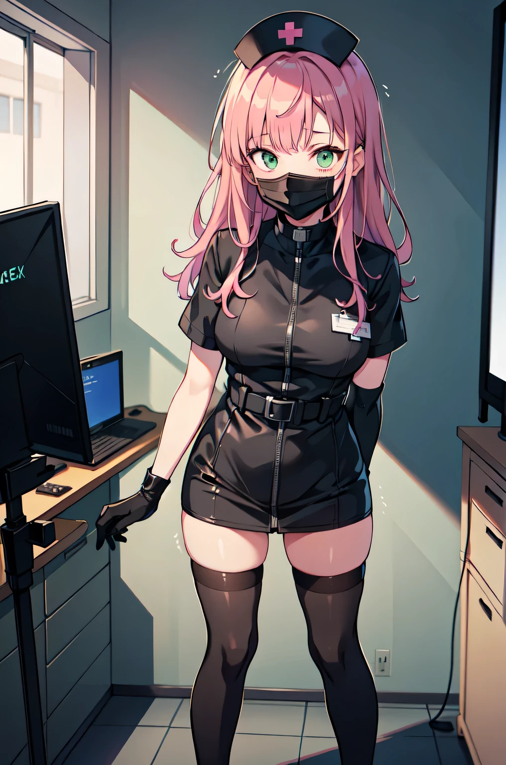 black nurse, 1girl, solo, black nurse cap, black nurse uniform, ((black legwear, zettai ryouiki)), black elbow gloves, pink hair, green eyes, drooping eyes, ((black surgical mask, covered nose)), standing, ((surgery room)), sharp outline, short sleeves, best quality, masterpiece
