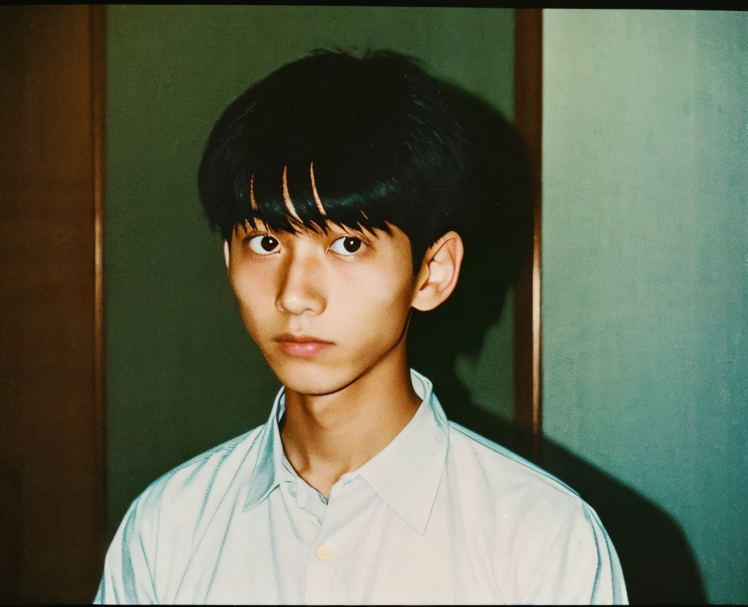 color unsharp masking quality. (A young Japanese man as extreme small head as match). thick outline. blurry photo. color slide film. 1958.