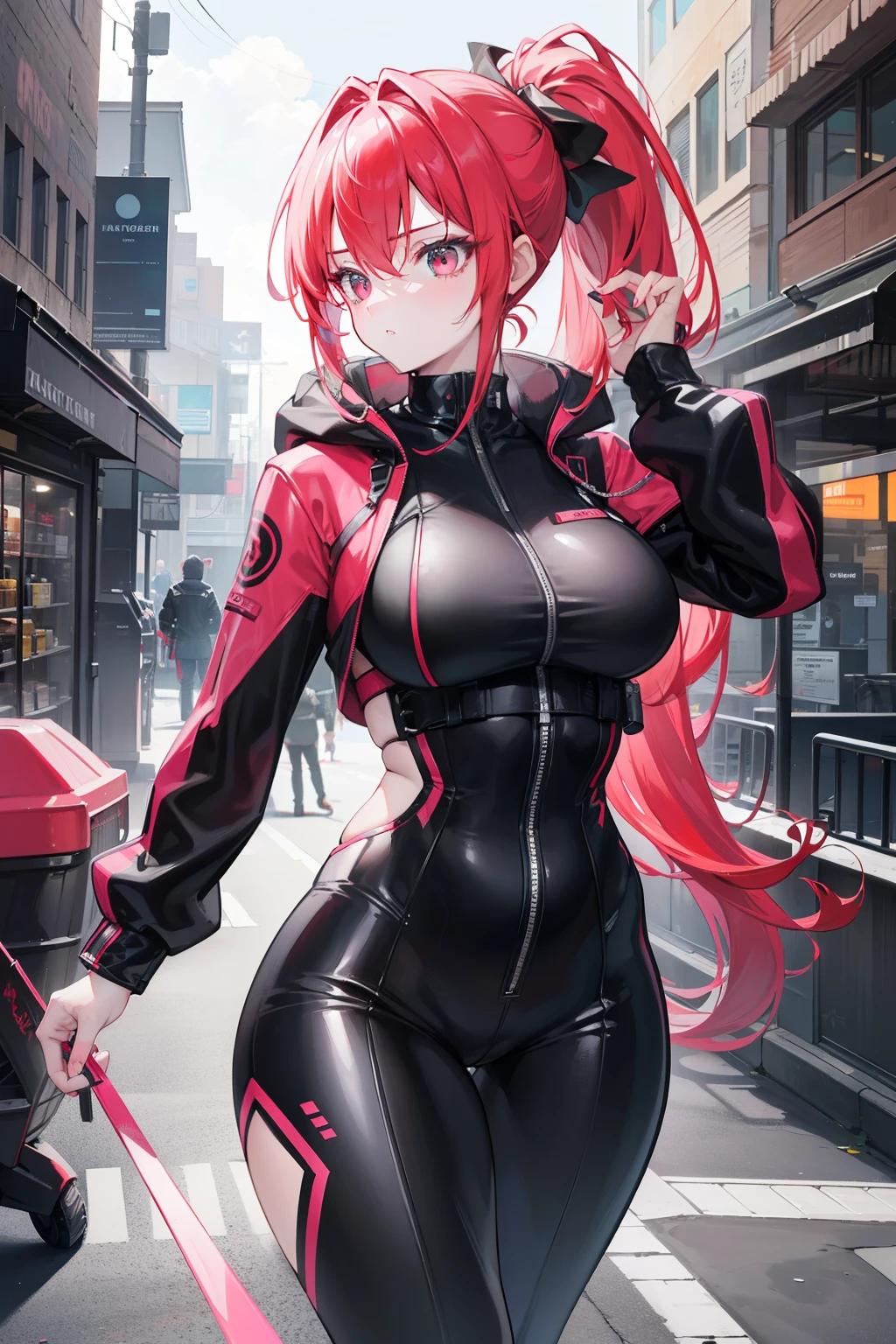 A captivating digital art piece showcases a redheaded woman with a scared and embarrassed expression, her hair gathered neatly in a ponytail, and intricately detailed bright eyes. Her full lips are painted a bold red, framing her chiseled physique and wide hips. Clad in a form-fitting closed black leather jumpsuit, the gleaming surface accentuates every curve. A windbreaker with a hood and a vivid neon pink interior shields her shoulders from the elements. As she walks down a bustling city street, her presence draws the gaze of onlookers, exuding an undeniable sense of realism in every detail. This masterpiece, rendered in high definition and