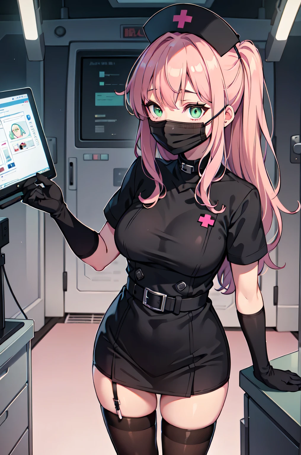 black nurse, 1girl, solo, black nurse cap, black nurse uniform, ((black legwear, zettai ryouiki)), black elbow gloves, pink hair, green eyes, drooping eyes, ((black surgical mask, covered nose)), standing, ((surgery room)), sharp outline, short sleeves, best quality, masterpiece