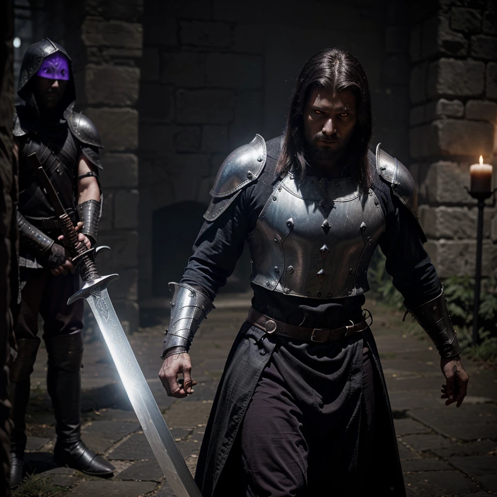 A medieval warriors, haunted sword wraith, has the appearance of a suit of scale mail with dark tinting, its is being worn by a red energy in to form of a man with violet burning eyes, using a melee weapon