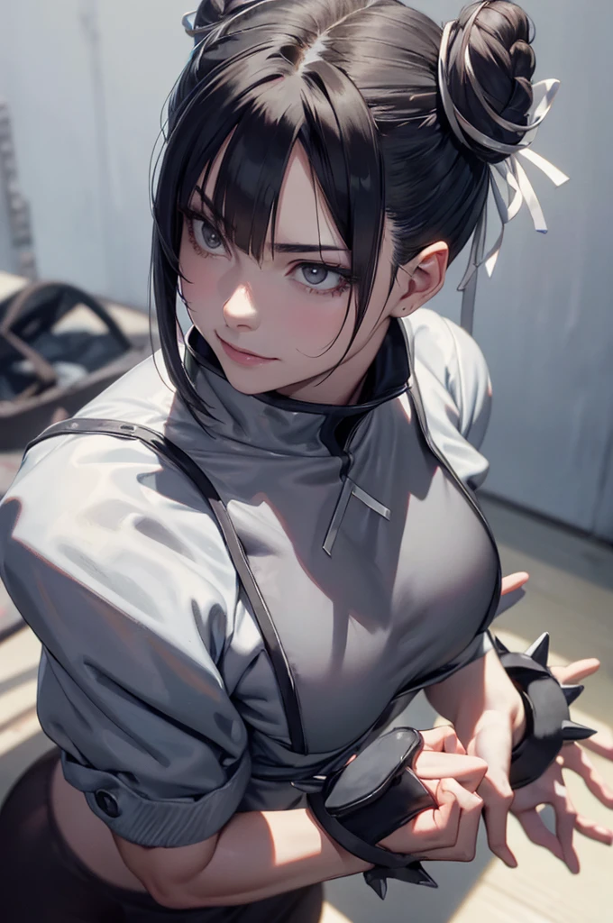 juri han,solo, masterpiece, best quality, agrias, grey sweater, black leotard, standing, looking at viewer, short hair,oculos,evil smile, evil look,luvas preta,roupa azul,yandere rosto,low lighting,coxa sarada copo detalhado,olhando para frente