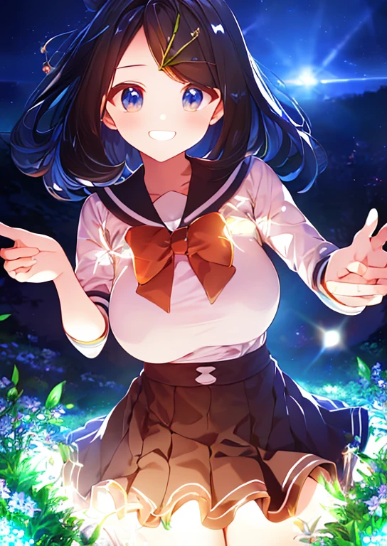  (Idol Master), (highest quality, 8k, masterpiece, Very detailed:1.4), (Lens flare, Particles of light, Shine), Big Breasts, smile, Open your mouth, masterpiece, highest quality, Very detailed, High resolution, Very detailedなCG, masterpiece, Official Art, From below,  Perfect body, Red checked skirt, Sailor suit, night, garden, erupt