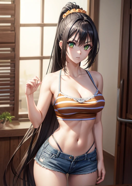 korewaseraphim, seraphim, long hair, black hair, very long hair, (green eyes:1.3), ponytail, scrunchie, orange scrunchie, angry, frown,
BREAK navel, cleavage, midriff, camisole, shorts, denim,
BREAK indoors,
BREAK looking at viewer, (cowboy shot:1.5),
BREAK (masterpiece:1.2), best quality, high resolution, unity 8k wallpaper, (illustration:0.8), (beautiful detailed eyes:1.6), extremely detailed face, perfect lighting, extremely detailed CG, (perfect hands, perfect anatomy),