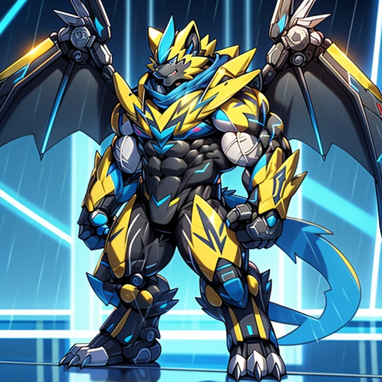 (masterpiece, best quality, detailed:1.2) (Pokémon) detailed full body, Zeraora's giant robot. Gigantic ZERAORA, GIANT. Protecting Zeraora's design and color scheme. scarf, A Zeraora at the bodybuilding competition, thunderstorm, rainy weather, lightning wears a black cloak on his back. Muscles are expanding. It has wings. whole body shines like metal. Wearing cyberpunk mecha, emphasizes the muscles. He wears the same armor as himself from head to foot. (emphasizes the muscles.) suit fully made of metal, intricate armor, Robotic suit, suit fully made of metal, cyborg, big muscle. pecs, triceps, body full of huge muscles. unusually developed muscular body, A Zeraora at the bodybuilding competition, massive, huge muscular bodybuilder with extraordinary biceps, pecs, triceps, traps, gigachad, 300 lbs. The claws are sharp, Sharp teeth, with huge golden laser sword, It's big inside my panties