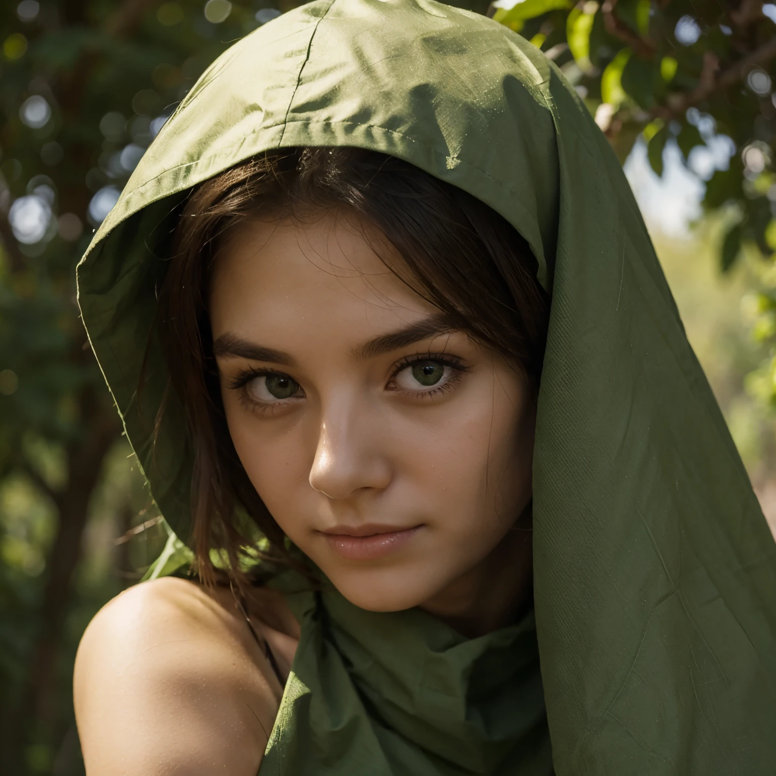 A girl with a green cloth with a doe eye giving a side eye