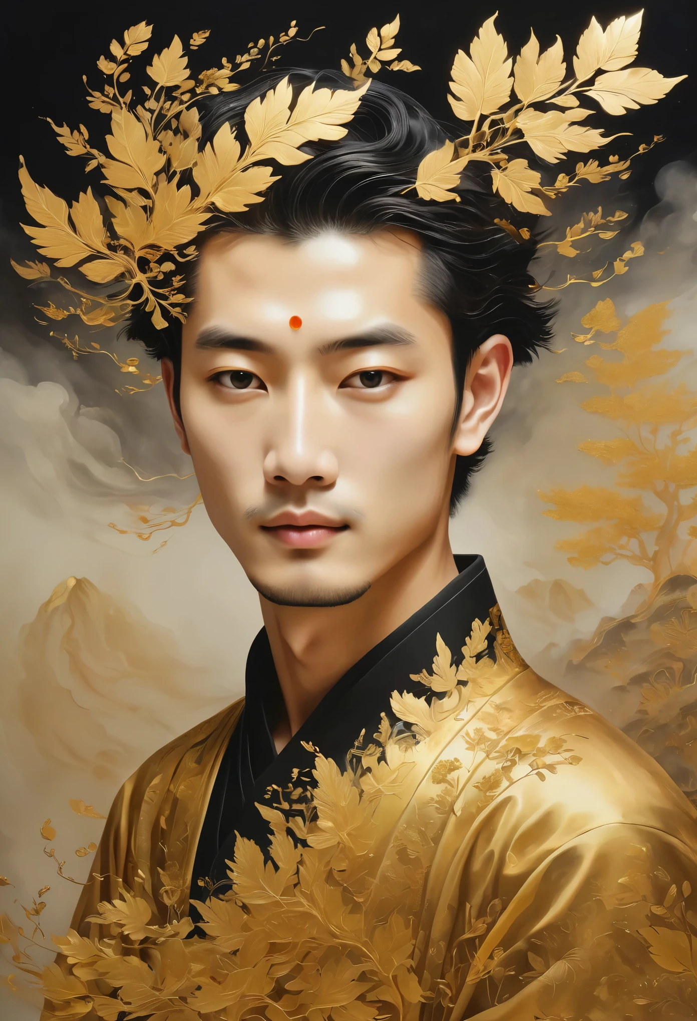 (gold leaf art:1.5)，A black and gold-rimmed giant hand fell from the sky, face of a handsome young male, Dunhuang murals as background, minimalist, line art, From front and center to ghostly smoke, Transition from entity to ghost, Smart, powerful and calm, Rich in details, Psychedelic, fantastic, drama, Chinese ancient style, style, ink painting, fantasy, surreal, ethereal