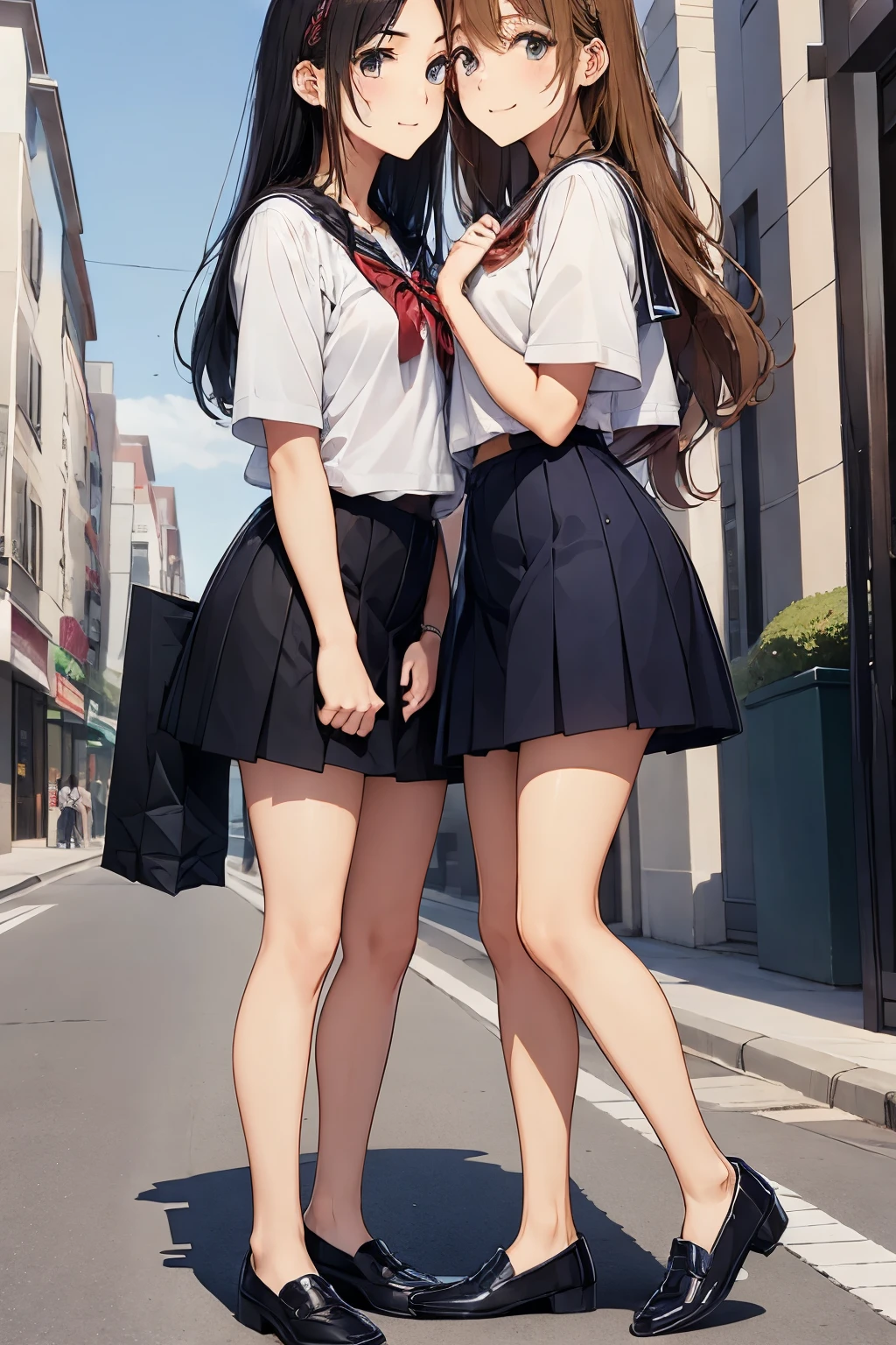 Shopping Street、Two high school girls kissing、seductive smile、Loafer leather shoes、Blue sky