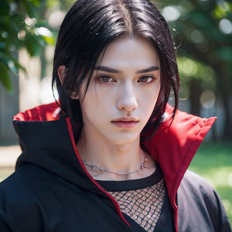 young man, pale skin, long black hair, black eyes, big lips, blackcloak akatsuki, Itachi Uchiha, realistic, 3d, forest
