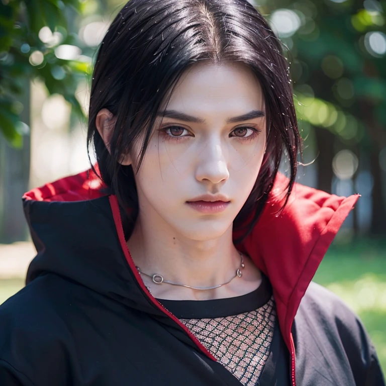 young man, pale skin, long black hair, black eyes, big lips, blackcloak akatsuki, Itachi Uchiha, realistic, 3d, forest
