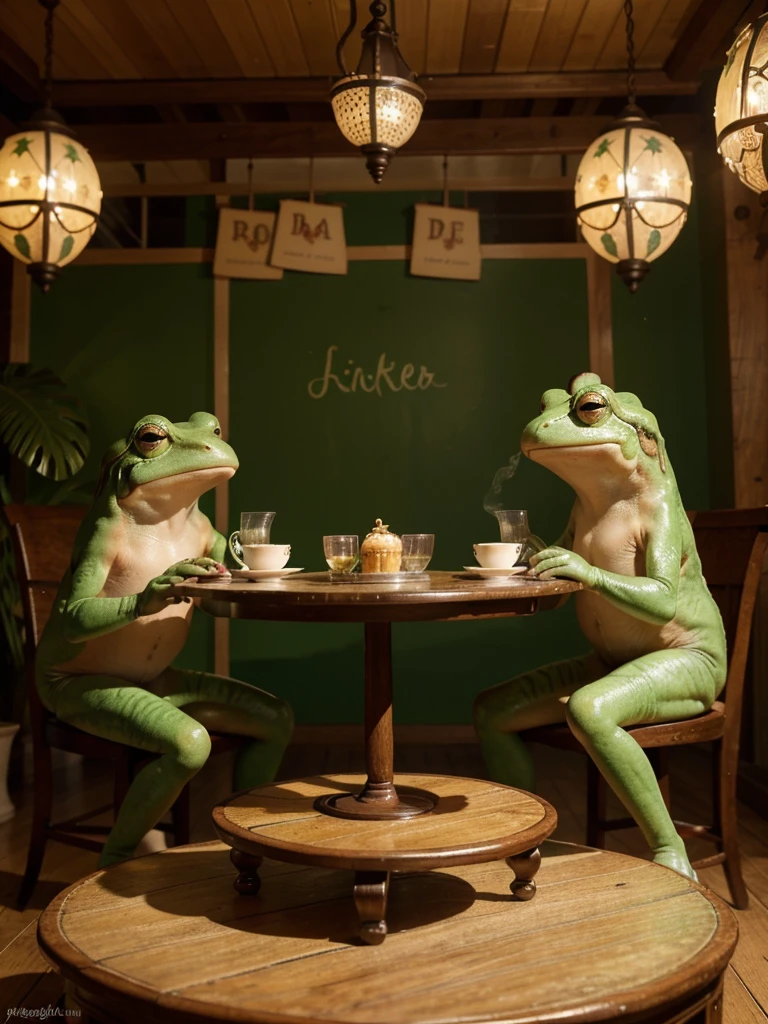 (best quality,4k,8k,highres,masterpiece:1.2),ultra-detailed,(realistic,photorealistic,photo-realistic:1.37),medium:frog portraits,anthropomorphic frogs drinking tea in a cafe,fun and whimsical style,cute and vibrant colors,frogs wearing stylish hats,frogs with expressive eyes and charming smiles,cafe with cozy atmosphere and vintage decor,vibrant green background with lush foliage,table set with teacups,saucers,and a teapot,steam rising from the cups,two frogs holding teacups with their webbed hands,frogs seated at a small wooden table covered with a lace tablecloth,various desserts and pastries displayed on a cake stand,frogs surrounded by other patrons enjoying their own beverages and treats,soft natural lighting illuminating the scene,frogs engaged in lively conversation and laughter