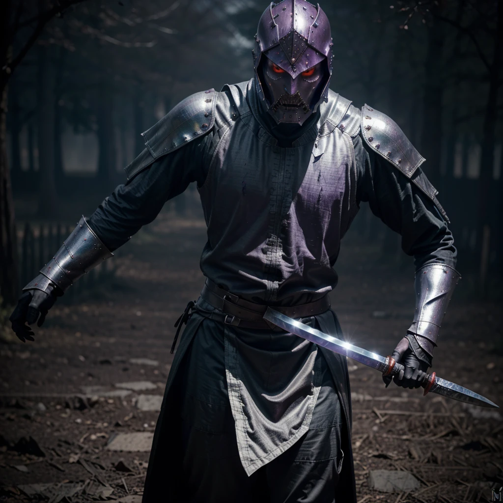 (a haunted sword,wraith),(medieval scale mail,suit),(dark tinting,metallic),(red energy,man form),(violet burning eyes,intense gaze),(melee weapon)