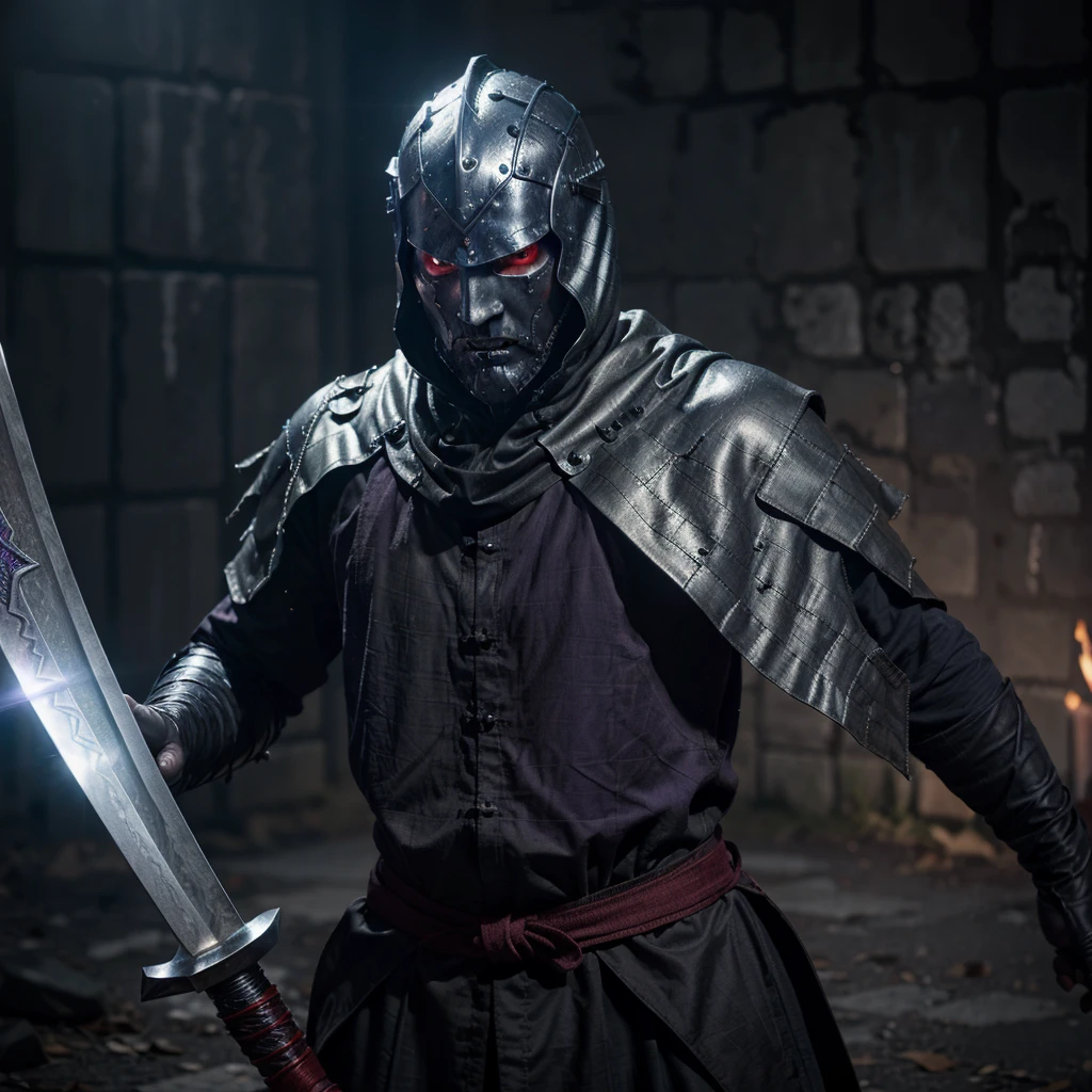 (a haunted sword,wraith),(medieval scale mail,suit),(dark tinting,metallic),(red energy,man form),(violet burning eyes,intense gaze),(melee weapon)