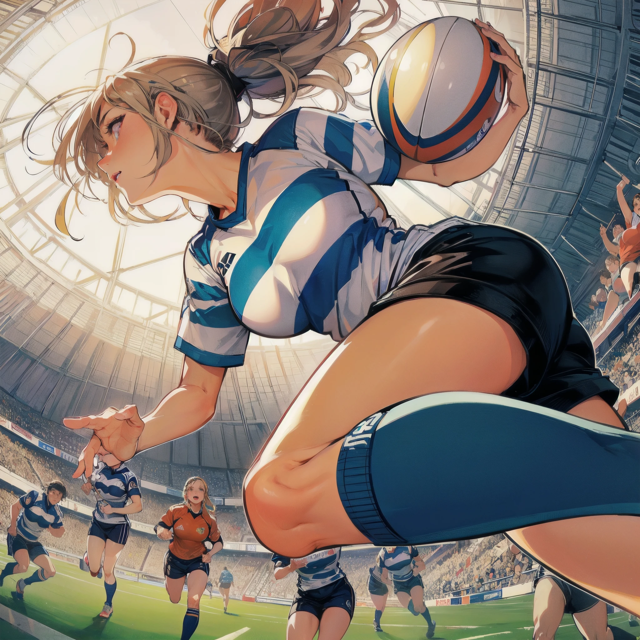 high quality,HD,16k,sharp lines,1 girl,Female rugby athlete ,cute face, large breasts, nice legs,At the rugby venue,focus girl,detailed beautiful face,detailed clothes,beautiful eyes,cool,dynamic angle