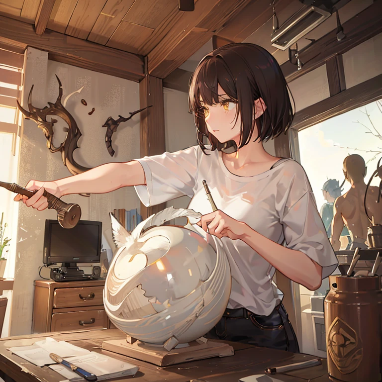 boy、Brown Hair、bangs、Yellow Eyes、Short Hair、Muscle々、Sweat、sculptor、Working in the studio、Sunburn、Have a hammer、Europe、White shirt、Long trouseragical Tools、Carving the sculpture、plaster sculpture