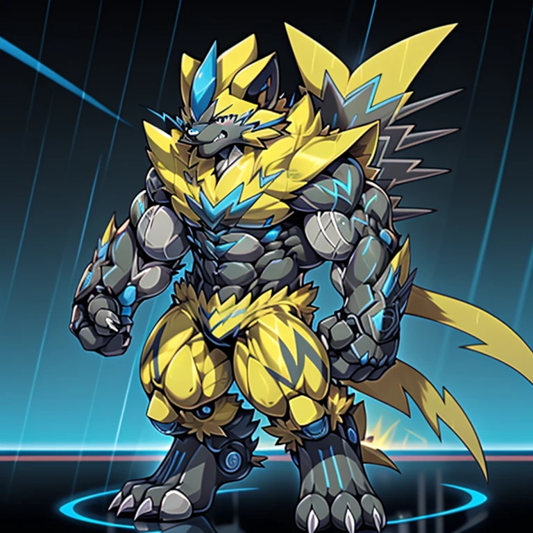 (masterpiece, best quality, detailed:1.2) (Pokémon) detailed full body, Zeraora's giant robot. Gigantic ZERAORA, GIANT. Protecting Zeraora's design and color scheme. scarf, A Zeraora at the bodybuilding competition, thunderstorm, rainy weather, lightning wears a black cloak on his back. Muscles are expanding. It has wings. whole body shines like metal. Wearing cyberpunk mecha, emphasizes the muscles. He wears the same armor as himself from head to foot. (emphasizes the muscles.) suit fully made of metal, intricate armor, Robotic suit, suit fully made of metal, cyborg, big muscle. pecs, triceps, body full of huge muscles. unusually developed muscular body, A Zeraora at the bodybuilding competition, massive, huge muscular bodybuilder with extraordinary biceps, pecs, triceps, traps, gigachad, 300 lbs. The claws are sharp, Sharp teeth, with huge golden laser sword, It's big inside my panties