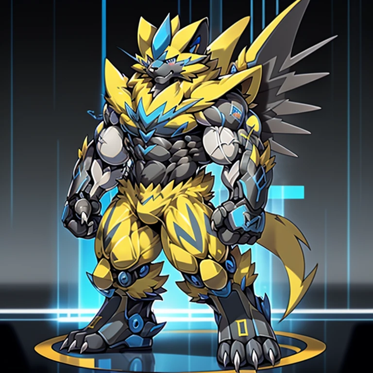 (masterpiece, best quality, detailed:1.2) (Pokémon) detailed full body, Zeraora's giant robot. Gigantic ZERAORA, GIANT. Protecting Zeraora's design and color scheme. scarf, A Zeraora at the bodybuilding competition, thunderstorm, rainy weather, lightning wears a black cloak on his back. Muscles are expanding. It has wings. whole body shines like metal. Wearing cyberpunk mecha, emphasizes the muscles. He wears the same armor as himself from head to foot. (emphasizes the muscles.) suit fully made of metal, intricate armor, Robotic suit, suit fully made of metal, cyborg, big muscle. pecs, triceps, body full of huge muscles. unusually developed muscular body, A Zeraora at the bodybuilding competition, massive, huge muscular bodybuilder with extraordinary biceps, pecs, triceps, traps, gigachad, 300 lbs. The claws are sharp, Sharp teeth, with huge golden laser sword, It's big inside my panties