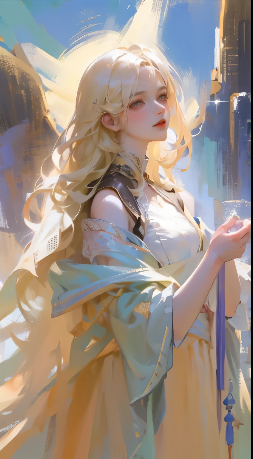 There was a woman in a white dress holding a music box, Artwork in the style of Guweiz, Guweiz on Pixiv ArtStation, Guweiz on Artstation Pixiv, guweiz, Fantasy art style, guweiz masterpiece, Beautiful and elegant queen, Beautiful character painting, Detailed digital anime art, Blonde Princess, white hair, Sky blue eyes, Pink lips