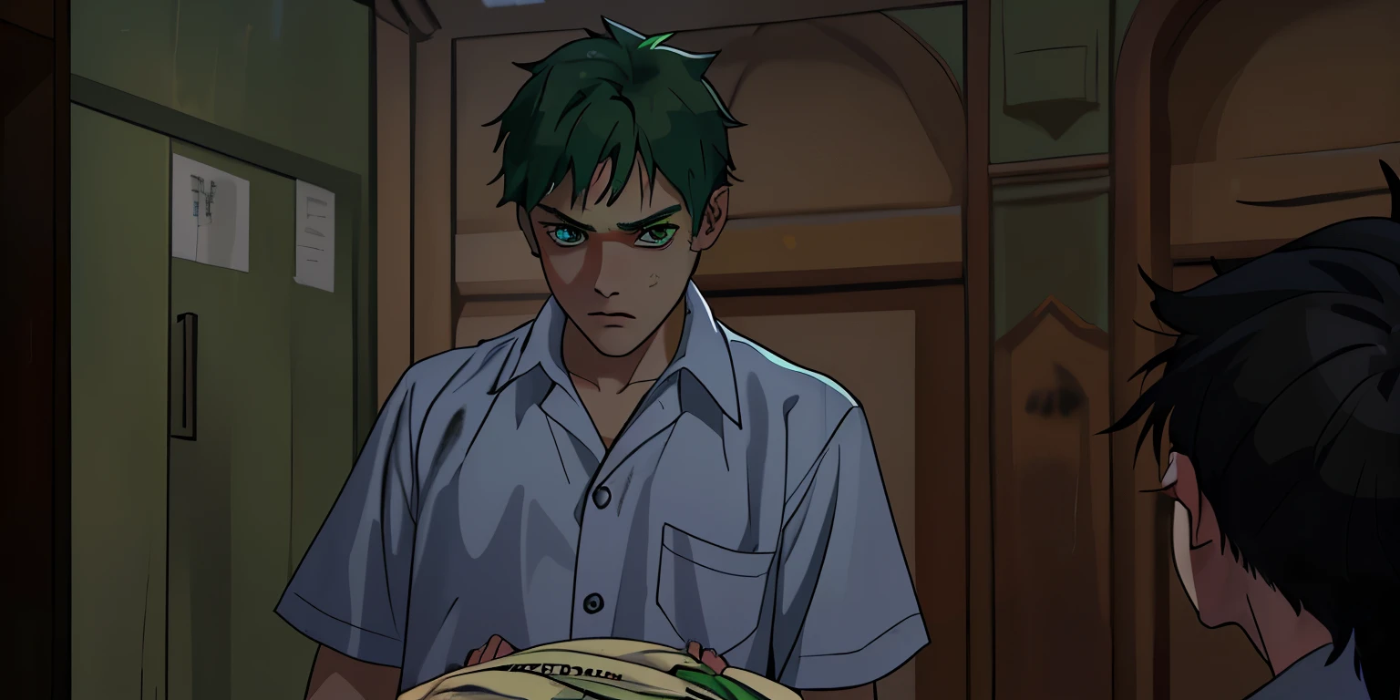 There is a 16-year-old boy with green hair, green eyes, intimidated with fear, he speaks nervously with his gaze downcast, he looks at the floor with sadness and fear.