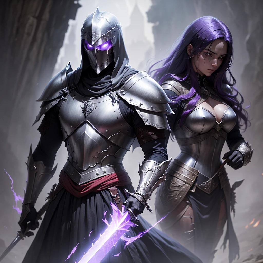 Create an image showing a Templar assassin protecting a submissive blonde woman from Sarradines.