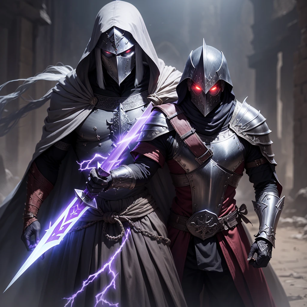 A medieval warriors, haunted sword wraith, has the appearance of a suit of scale mail with dark tinting, its is being worn by a red energy in to form of a man with violet burning eyes, using a melee weapon