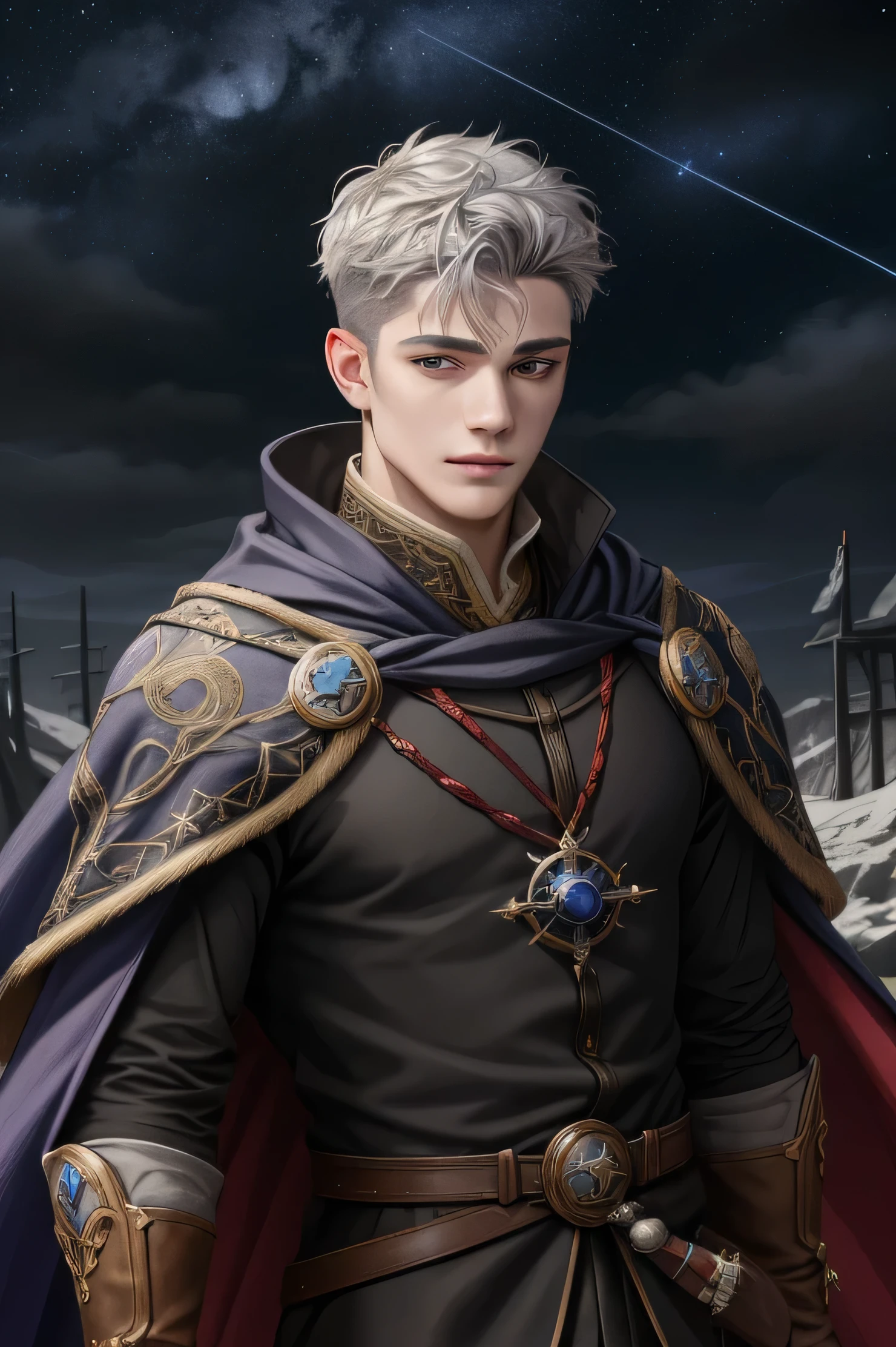 (Absurdres, Intricate Details, Masterpiece, Best Quality, High Resolution, 8k), 1 male, masculine, young, aged up, dreadful, finely detailed eyes and face, gray short back and sides hair, black eyes, portrait, looking at viewer, solo, (full body:0.6), detailed background, (RootsBranchesAI theme:1.1) glowing eyes, gentle smile, high fantasy, cleric, casting healing spell, hovering in air, night sky, color cape, gloves, magic sphere, divine spell, mana, night sky, star and night sky background, tiara of light hovering above head, , Depth of Field, VFX.