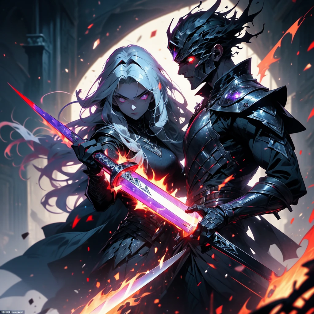 A medieval warriors, haunted sword wraith, has the appearance of a suit of scale mail with dark tinting, its is being worn by a red energy in to form of a man with violet burning eyes, using a melee weapon