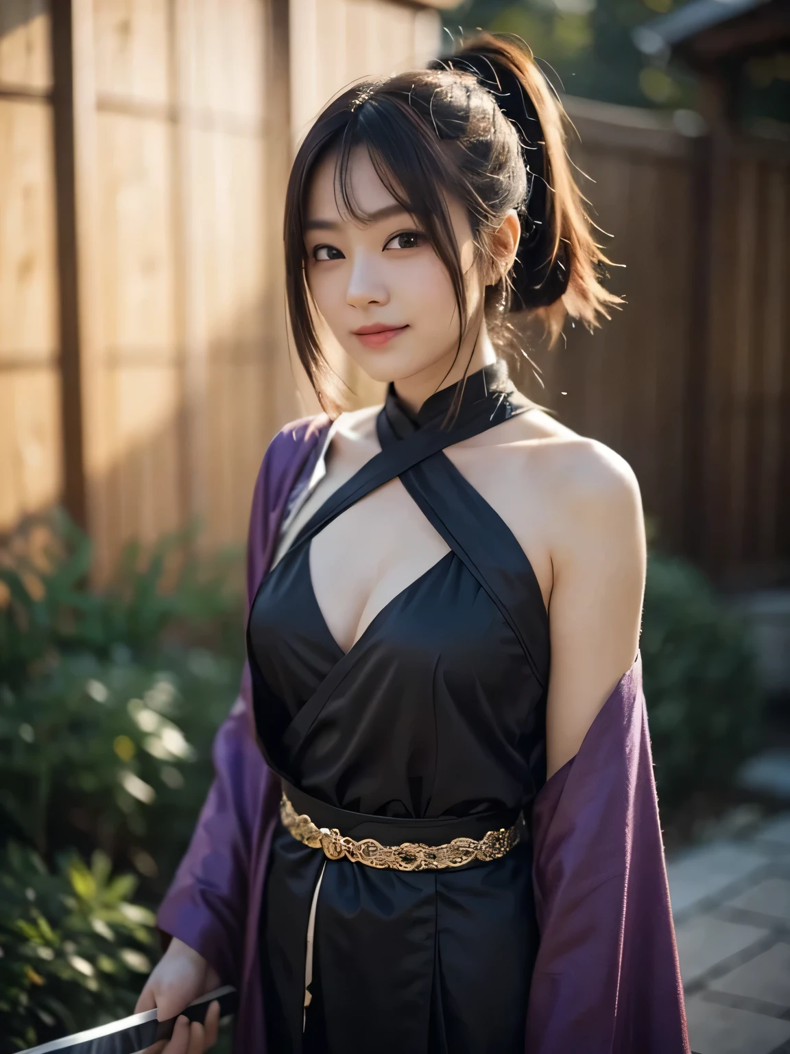 8k RAW photo, high resolution, one Japanese girl, modest smile, looking away, woman in black and purple ninja costume, holding a sword, slender body, plump cleavage, ninja, kunoichi, Shinobi, medium bob hair ponytail